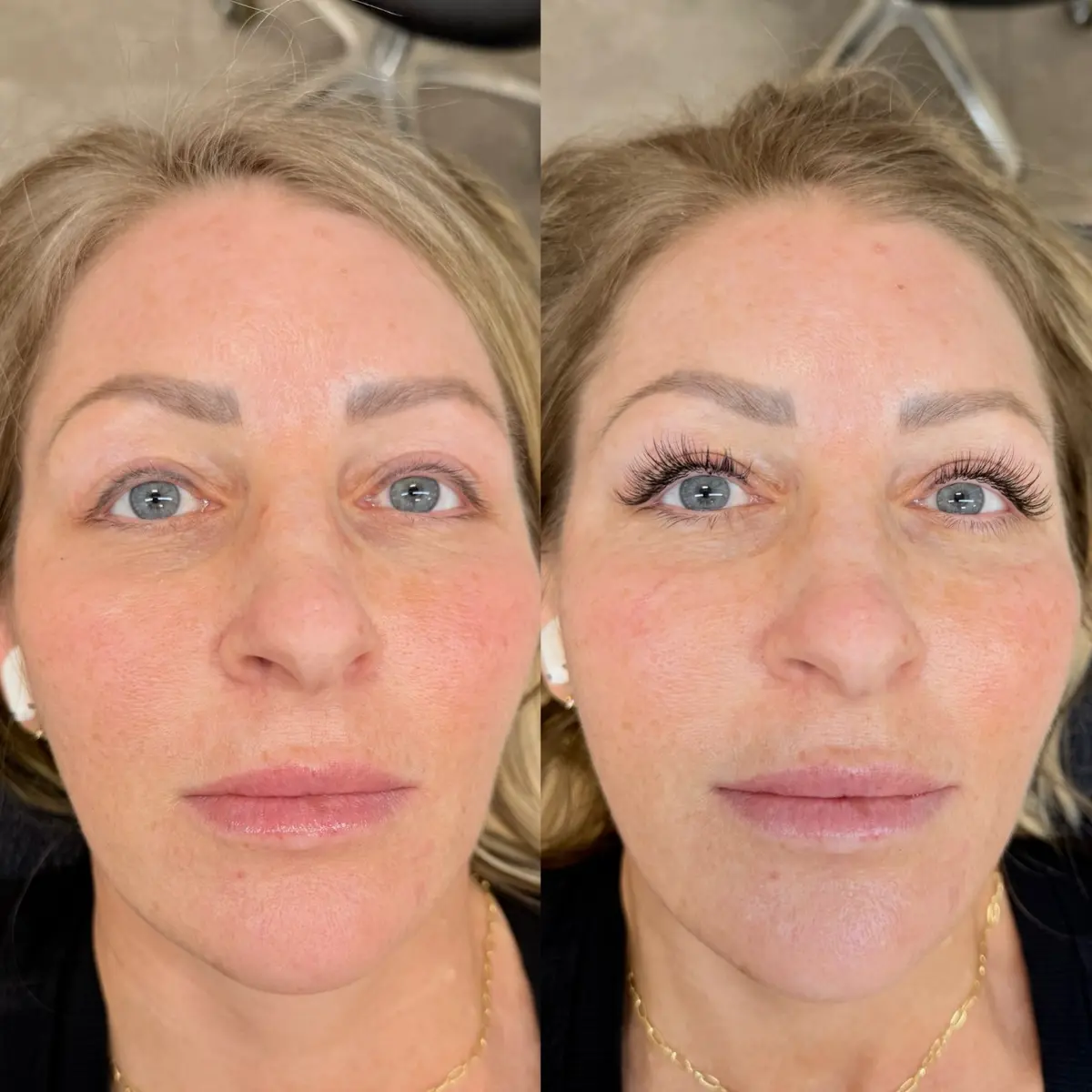 Before-and-after comparison of a client’s natural lashes and a full lash-extension set.